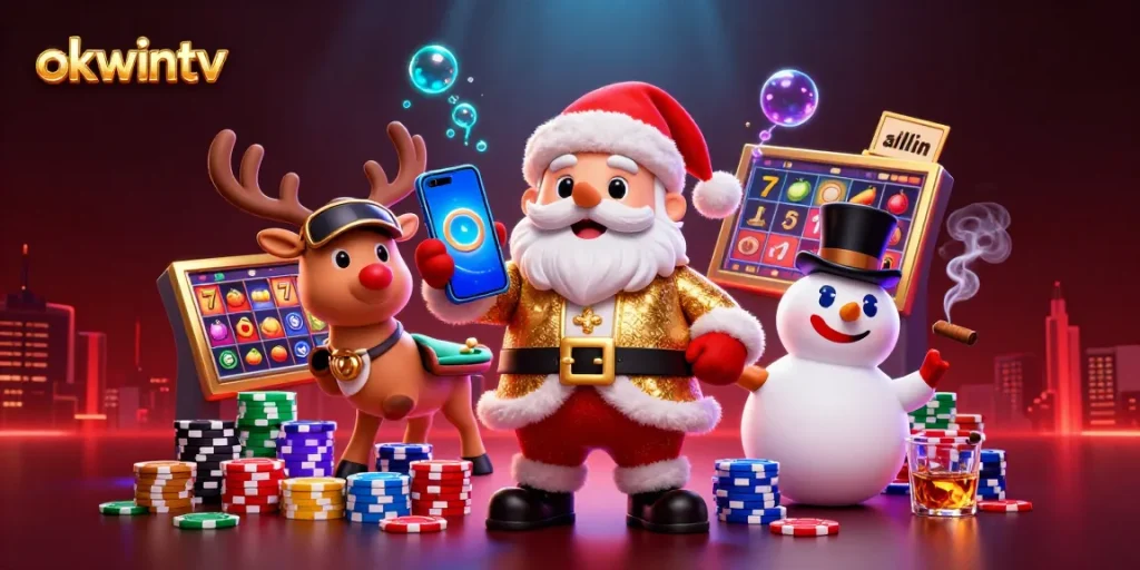 Win big with OKWINTV in this energetic casino scene featuring vibrant slots and fun characters.