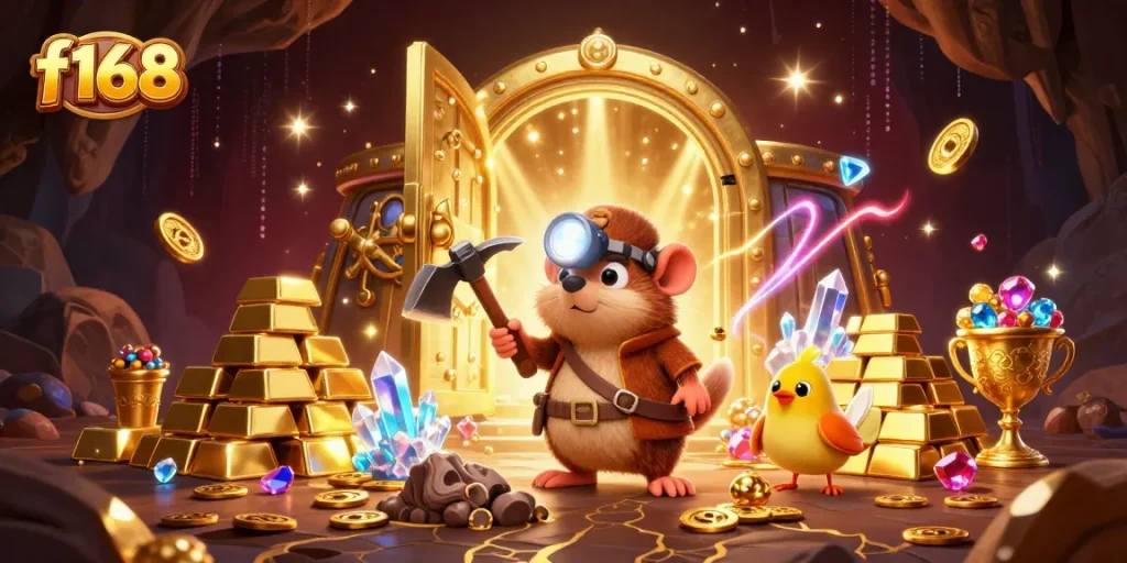 F168 players indulge in thrilling gaming as the mole uncovers treasures in a vibrant, rich scene.