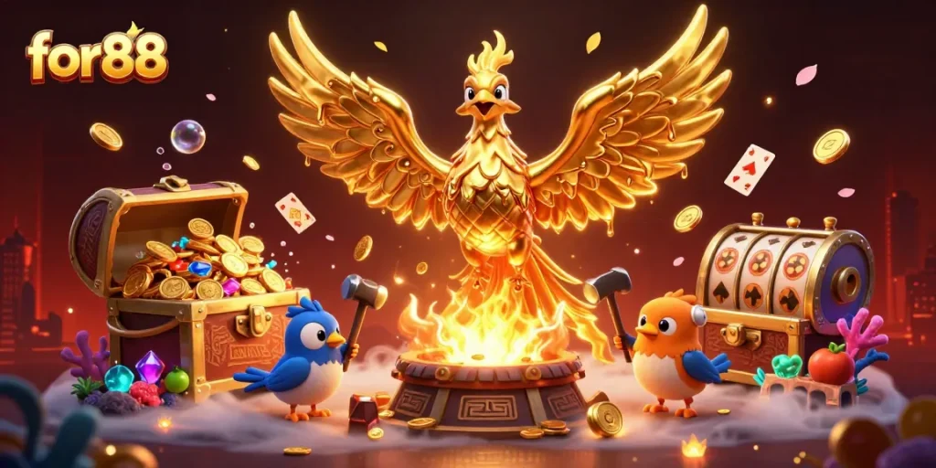 Experience the thrill of winning with for88, featuring a golden phoenix and dynamic casino elements.