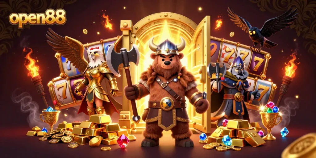 Spin to win at open88 with a Viking berserker bear and Valkyrie eagle joining a high-stakes casino adventure.