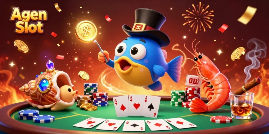 Agen Slot illustration showcasing glowing anglerfish and pirate shrimp amidst vibrant casino elements.