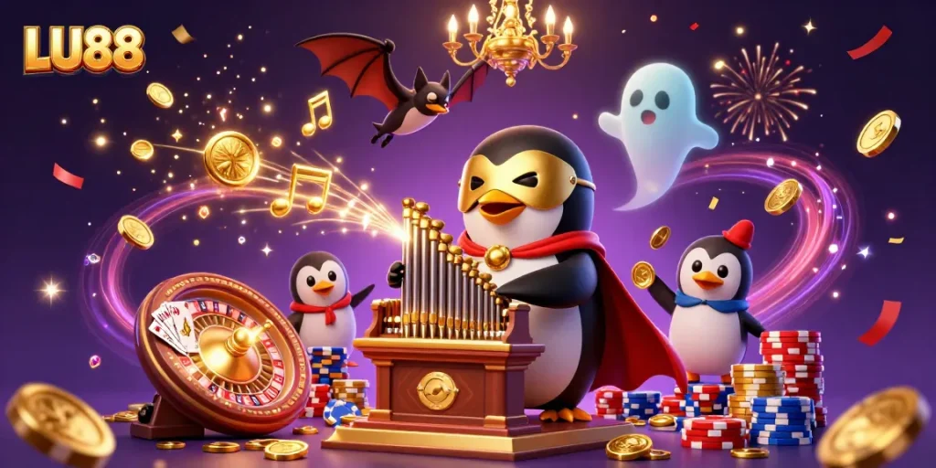 LU88 offers an engaging scene with a penguin playing an organ, surrounded by dynamic casino elements.
