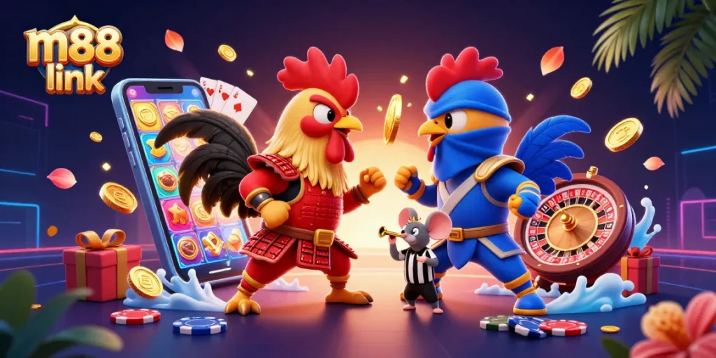 Exciting standoff of twin fighting roosters symbolizes m88 link and online betting adventure