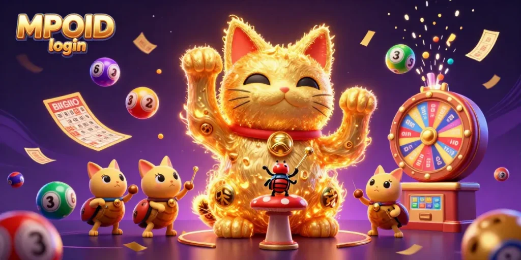 MPOID login to access engaging casino games and exciting lottery features in this vibrant illustration.