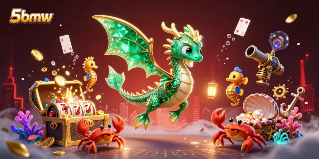 Engage with the exciting slots and live casino at 5bmw, featuring a dazzling sea dragon and vibrant 3D elements.