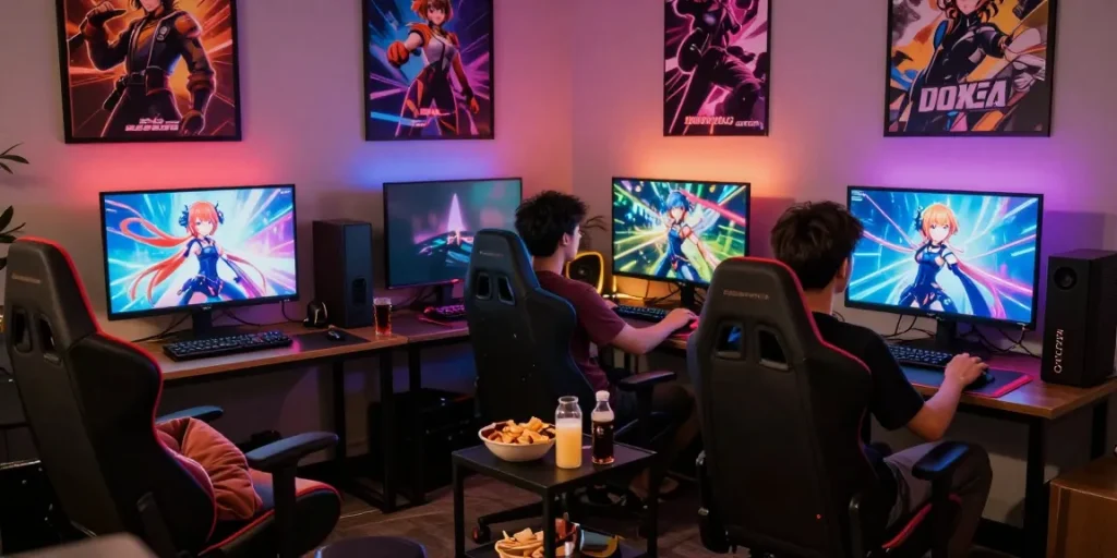 Engaging friends playing an ecchi simulator in a lively gaming lounge
