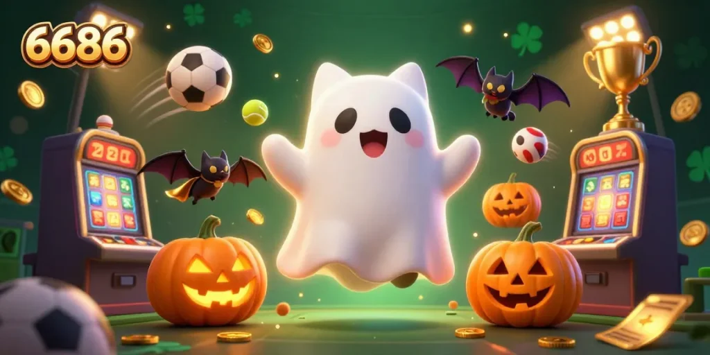 Win big with 6686 in a spooky haunted casino with a ghost cat and flying sports balls!