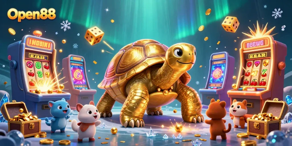 Open88 players enjoy giant jackpot reels bursting with coins and gaming excitement in this vibrant illustration.