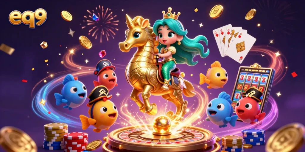 Experience the thrill of eq9 with a mermaid princess and seahorse in a dazzling casino adventure.
