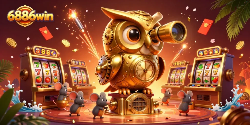 Spin the reels at 6886win with a vibrant 3D scene featuring a golden clockwork owl and lively casino elements.
