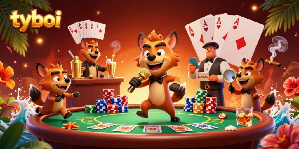 Experience tyboi's vibrant comedy casino club with lively hyenas and engaging gambling elements.