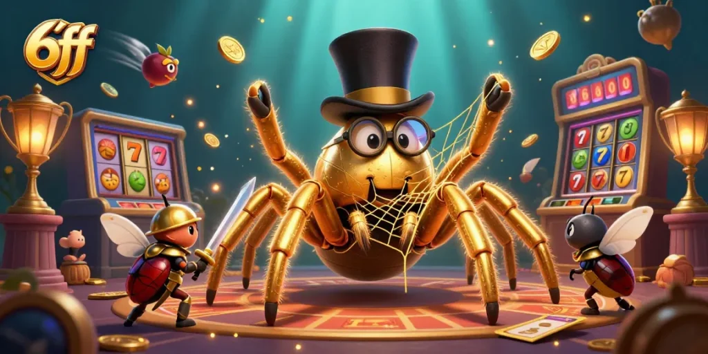 Experience thrilling gameplay at 6ff with an illustration of a golden tarantula weaving its magic in a vibrant casino.