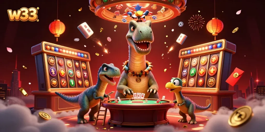 Experience the thrill of w33 gaming with vibrant characters and dynamic casino activities in this stunning illustration.