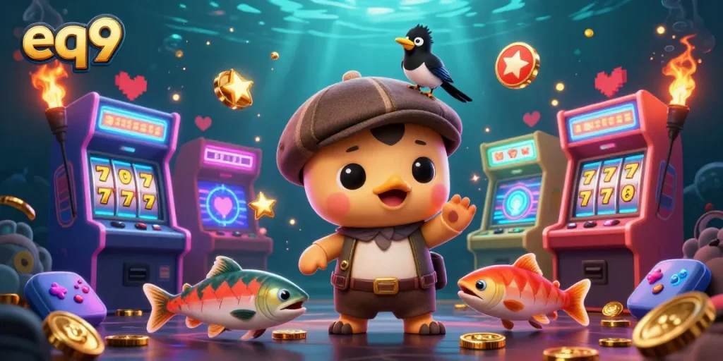 Play slots and win with eq9 in a colorful casino scene featuring baby Nessie and friends.