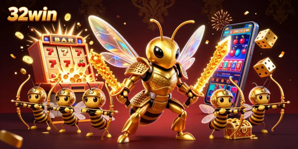 Win big with 32win's dazzling 3D jackpot scene featuring exciting casino elements.