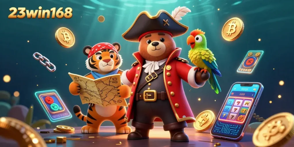 Engage with 23win168's thrilling casino adventure featuring a pirate bear and tiger, amid dynamic gaming elements.
