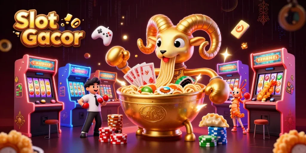 Experience Slot Gacor with a dynamic 3D illustration of casino-themed characters and elements.