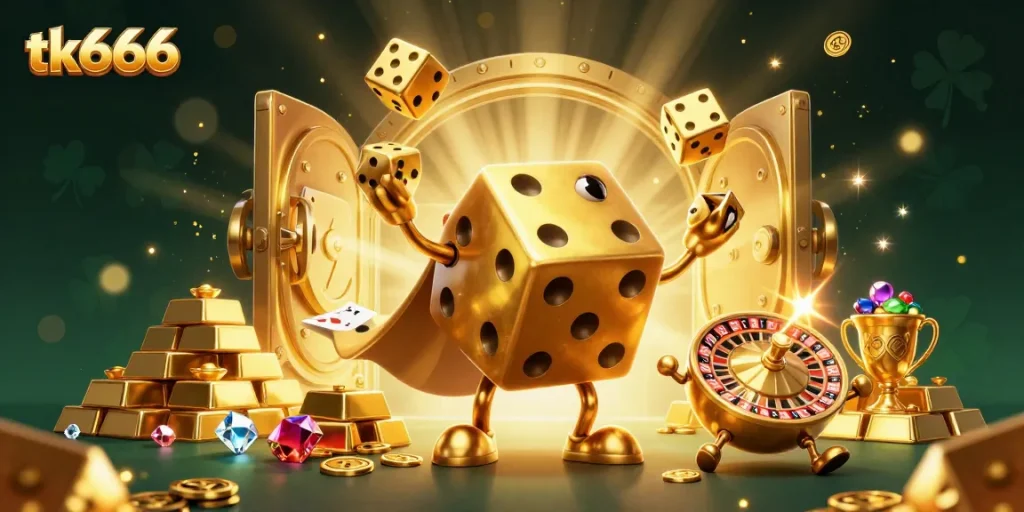 Play thrilling games at tk666 with this dynamic casino illustration showcasing a golden dice golem.