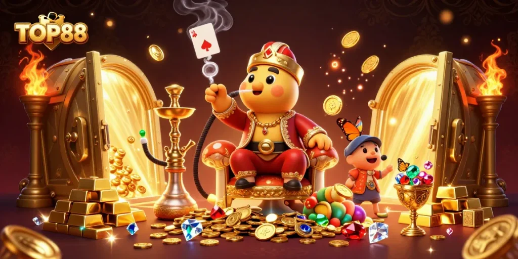 TOP88 offers exhilarating gaming experiences with a vibrant casino atmosphere illustrated in a rich scene.