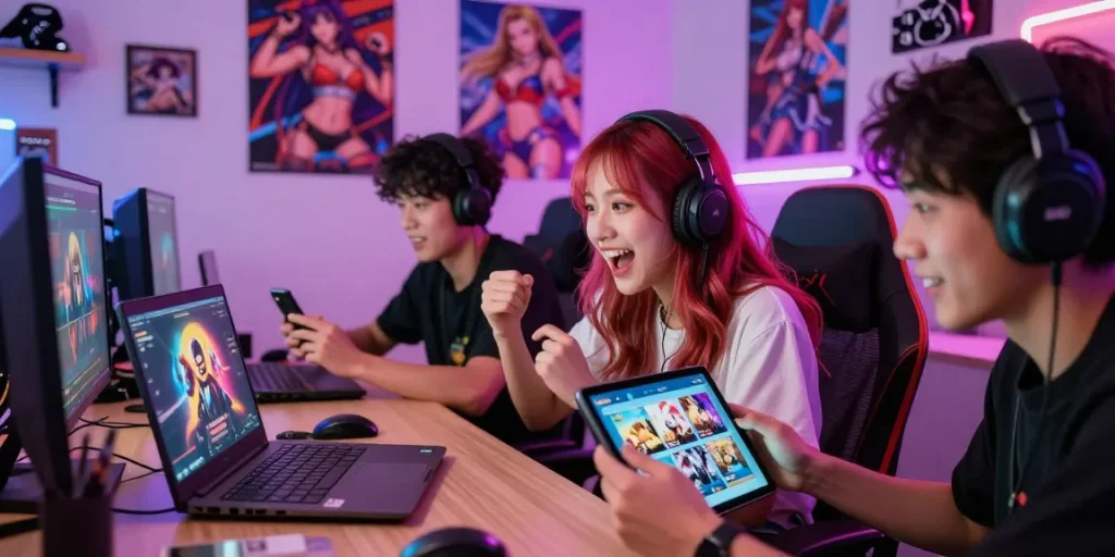 Friends enjoying free hentai games on various devices in a vibrant gaming room.
