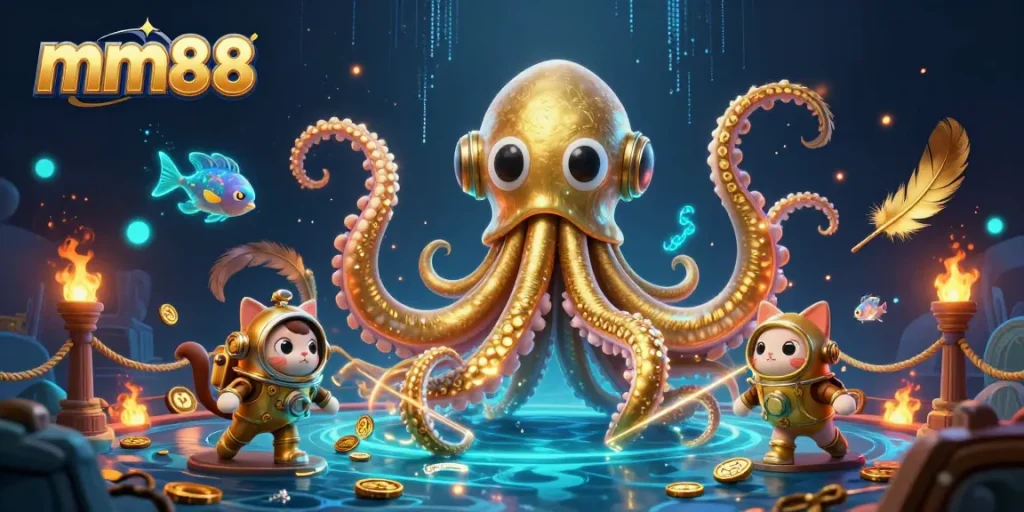 Experience thrilling gameplay at mm88 with a colossal kraken and diving cat in action.