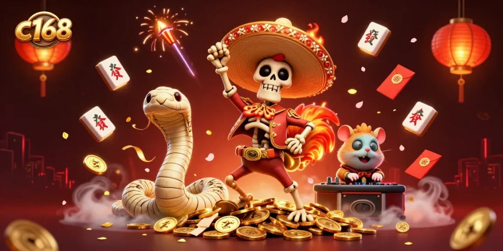 C168 celebrates winning moments with a festive 3D mariachi rooster and casino elements.