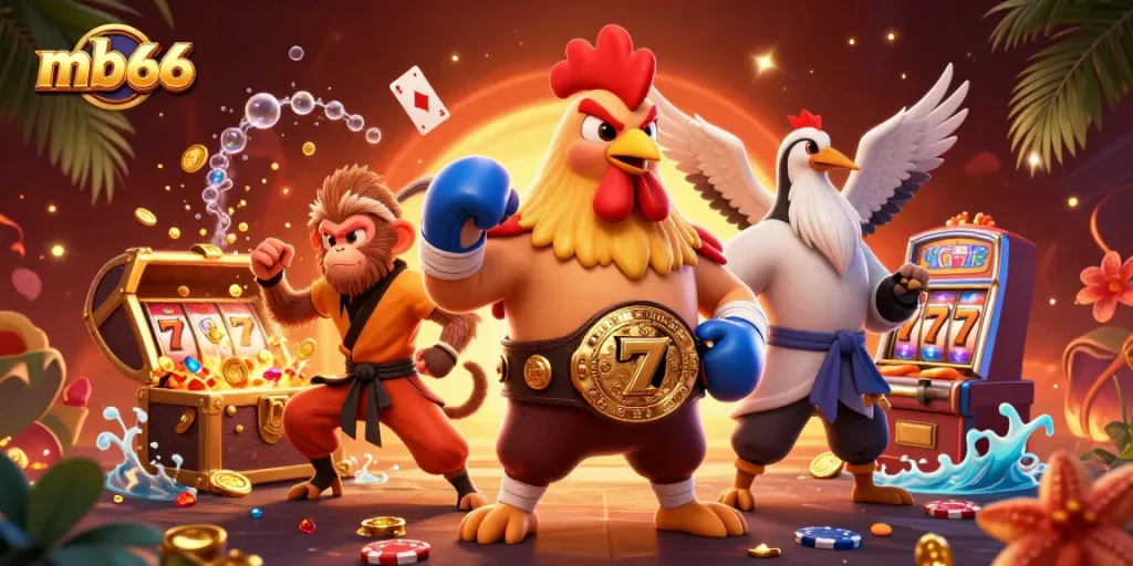 Experience mb66's thrilling casino action with a vibrant 3D scene featuring slot machines and poker elements.