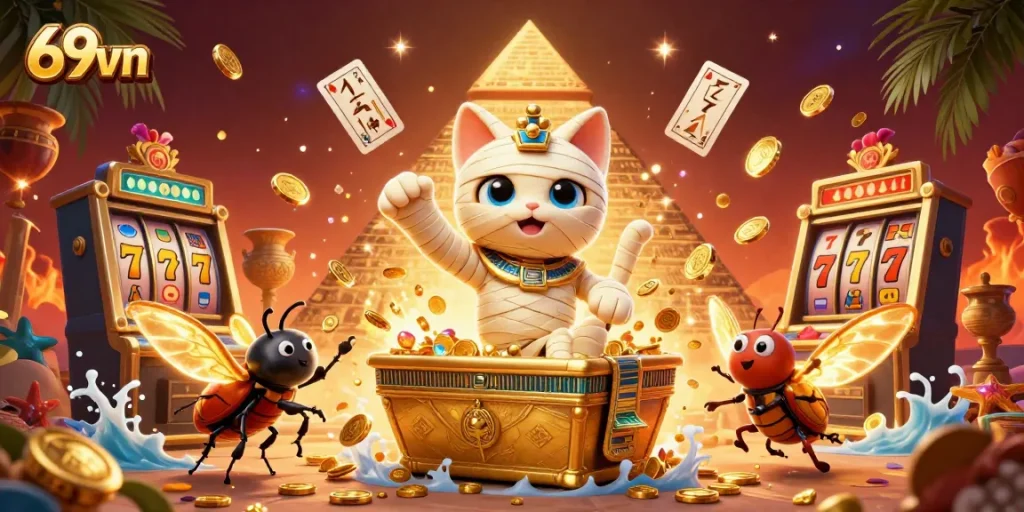 Engage with thrilling 69vn casino games featuring a mummy bursting from a sarcophagus alongside vibrant symbols.
