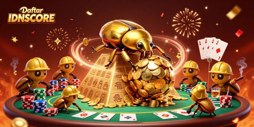 Engage in thrilling gameplay at Daftar IDNSCORE with vibrant casino-themed 3D illustration.