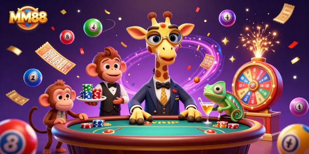 Participate in exciting casino adventures with MM88's vibrant gambling scene featuring lively characters and games.