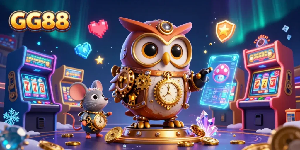 Engage with GG88's vibrant casino world, featuring a steampunk owl and gaming elements.