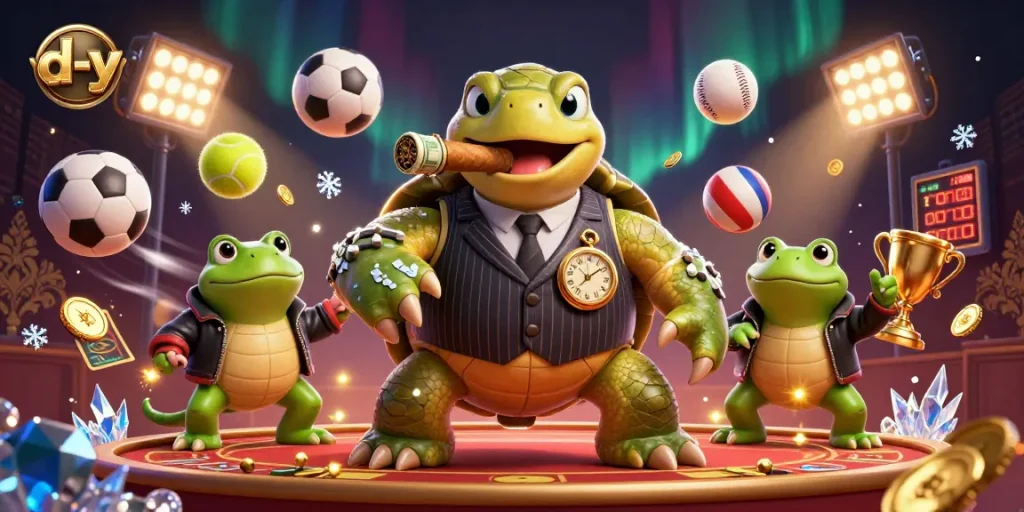 d-y showcases an engaging gambling scene with a snapping turtle and bullfrog enforcers amidst dynamic sports betting elements.