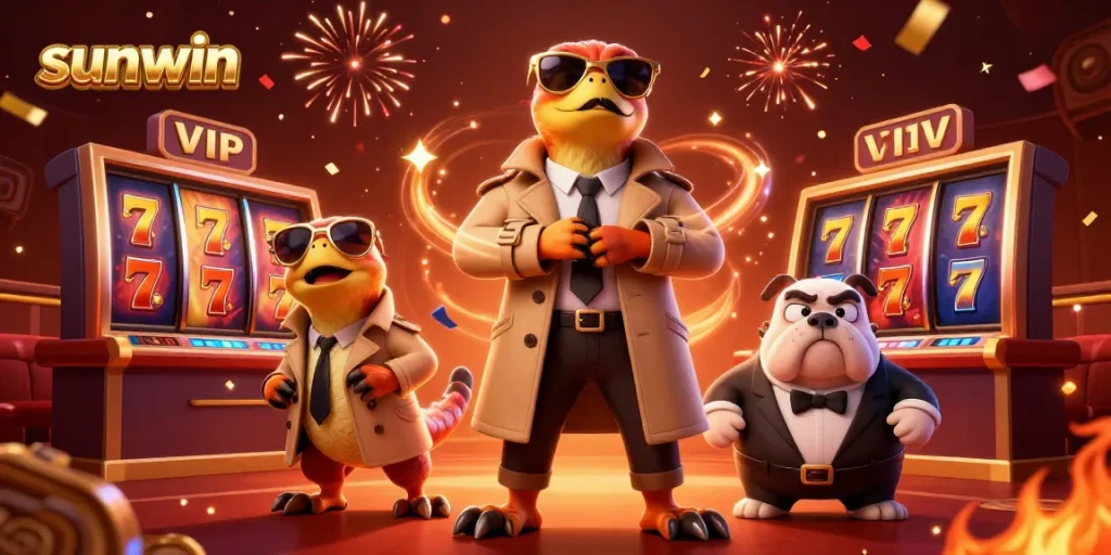 Experience thrilling gameplay at sunwin with cartoon raptors and casino elements in a vibrant scene.