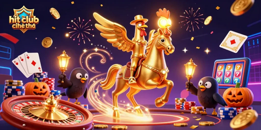 Experience the thrill of hit club chính thức with a golden rooster in a vibrant casino scene.