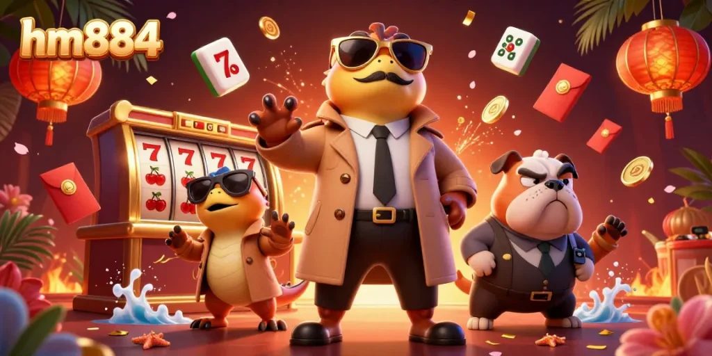 hm884 raptors in a trench coat entering a VIP casino lounge, surrounded by vibrant gaming elements