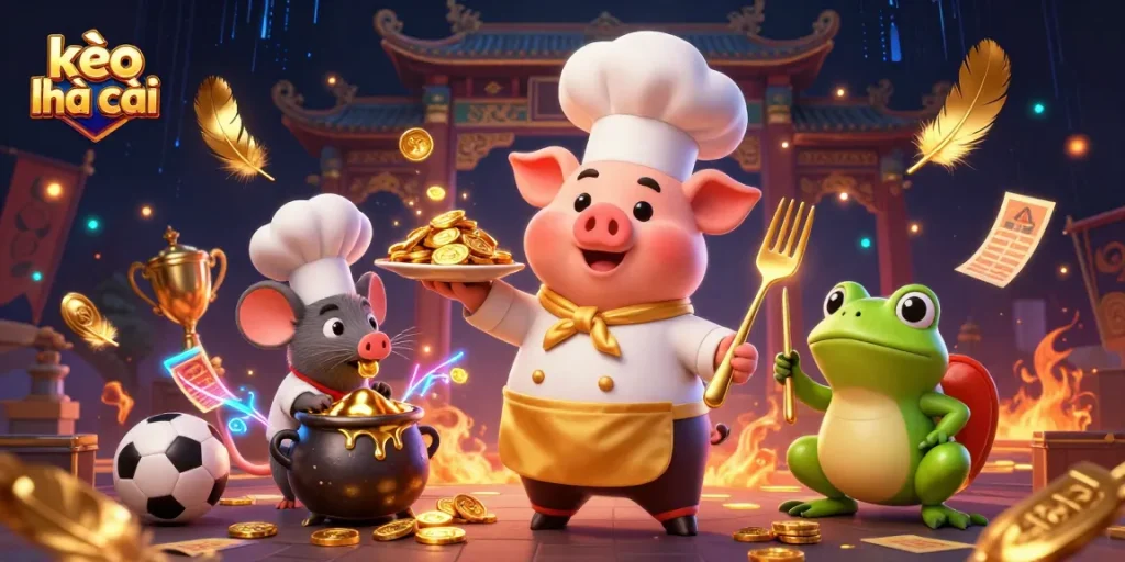 Experience the exciting world of kèo nhà cái with a pig chef presenting gold coins deliciously in this vibrant illustration.