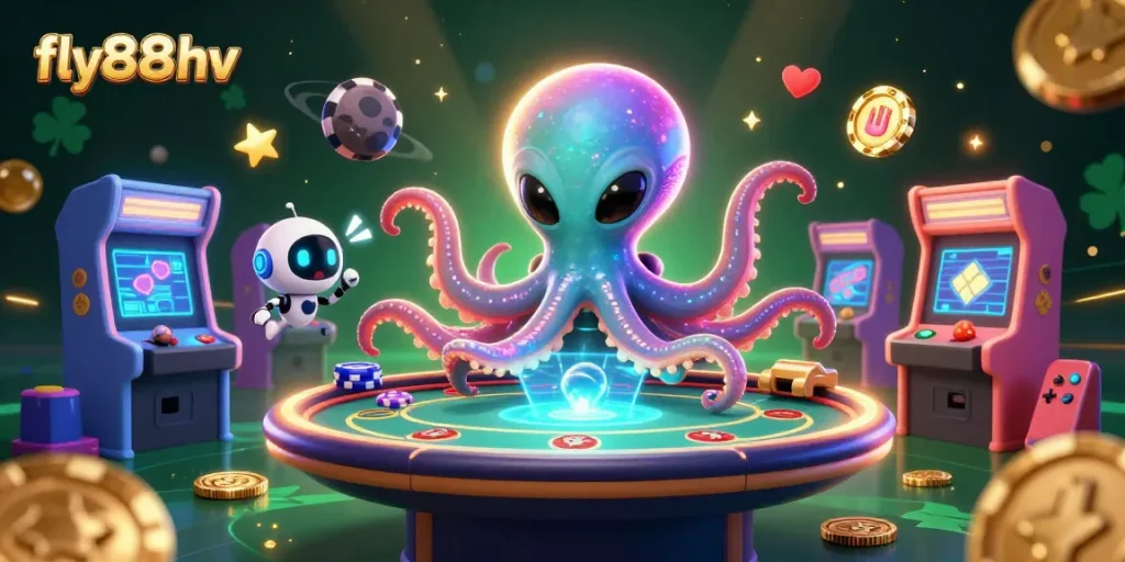 Experience thrilling poker action at fly88hv with an alien octopus managing a holographic table.