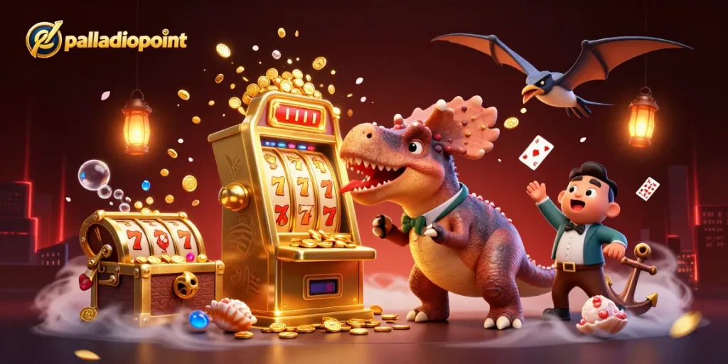 Palladiopoint showcases a dynamic 3D scene with a dinosaur headbutting a slot machine for jackpots amid flying coins.