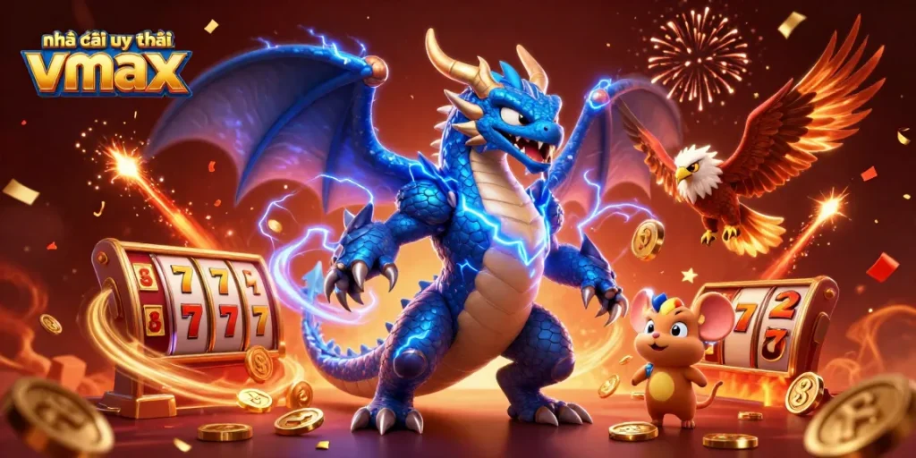 Play exciting games at nhà cái uy tín Vmax with a stunning 3D illustration featuring a thunder dragon and lively casino elements.
