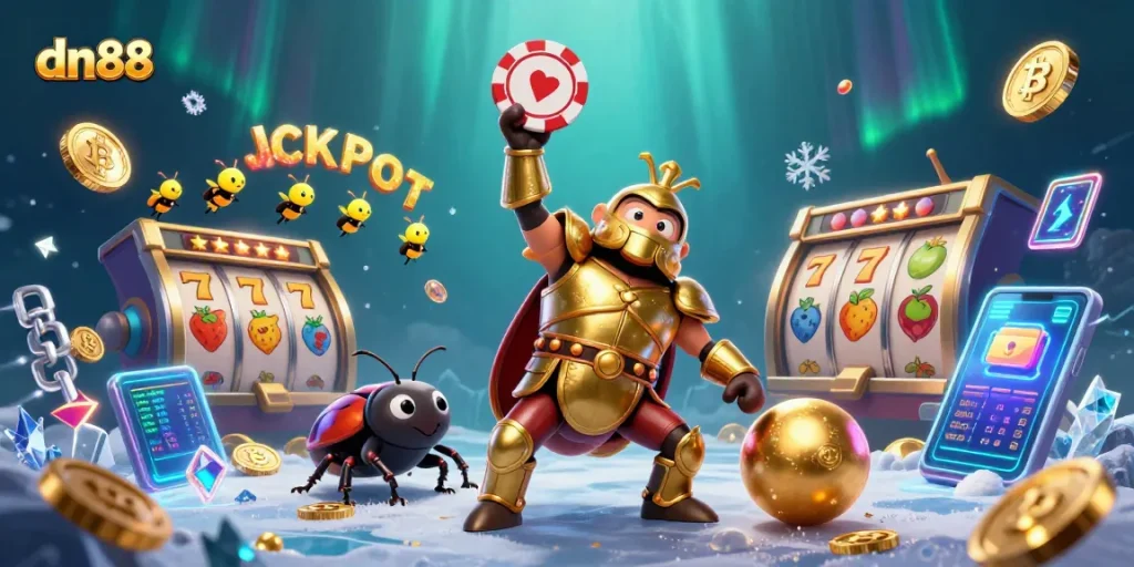 Engage in thrilling casino action with dn88, featuring a victorious beetle and slot elements.