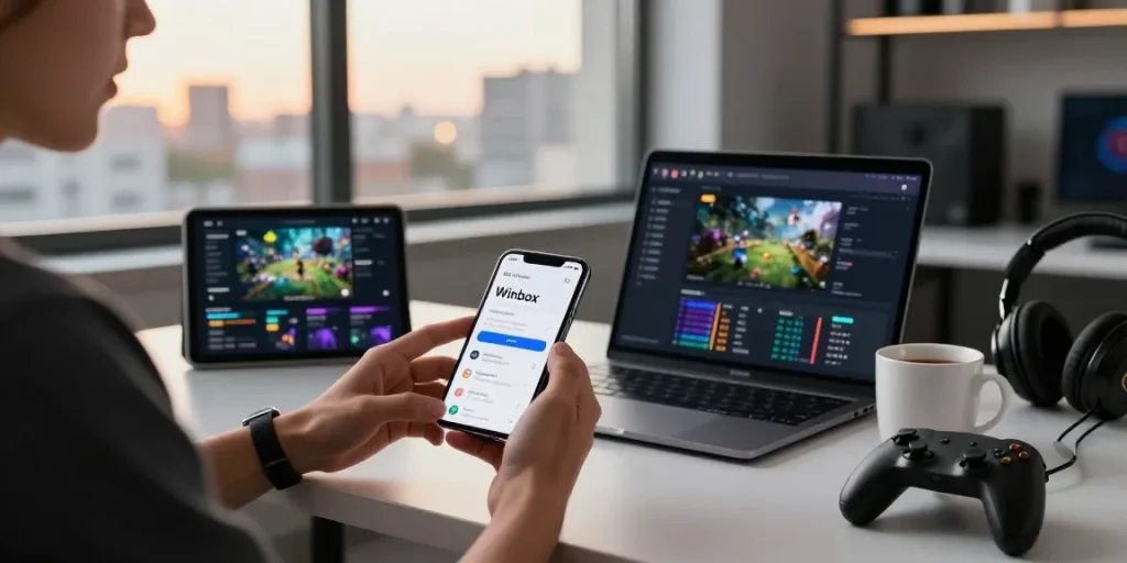 Engaging with the Winbox mobile app in a modern tech workspace, featuring gaming accessories and a cityscape view.
