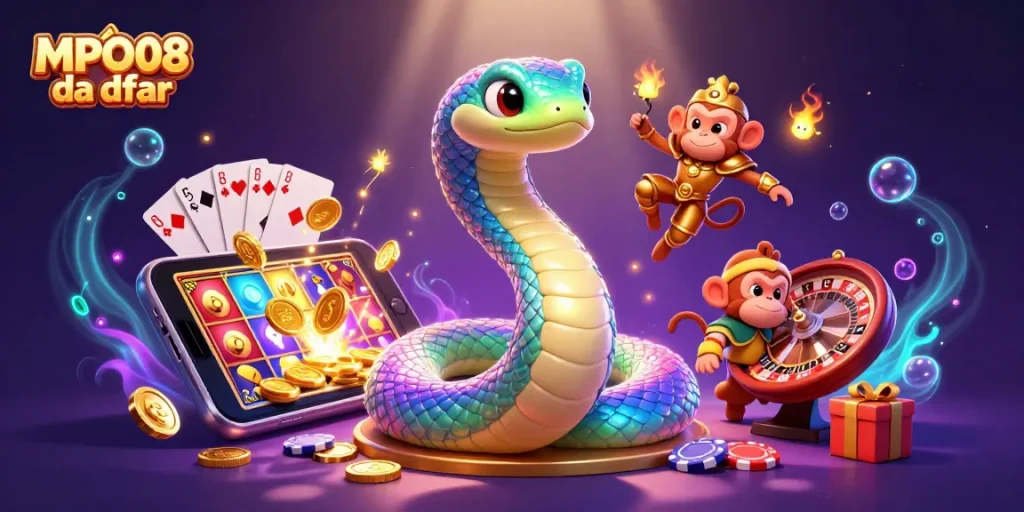 Engage with MPO08 daftar in a vibrant scene featuring a rainbow serpent, monkey king, and exciting slot game elements.