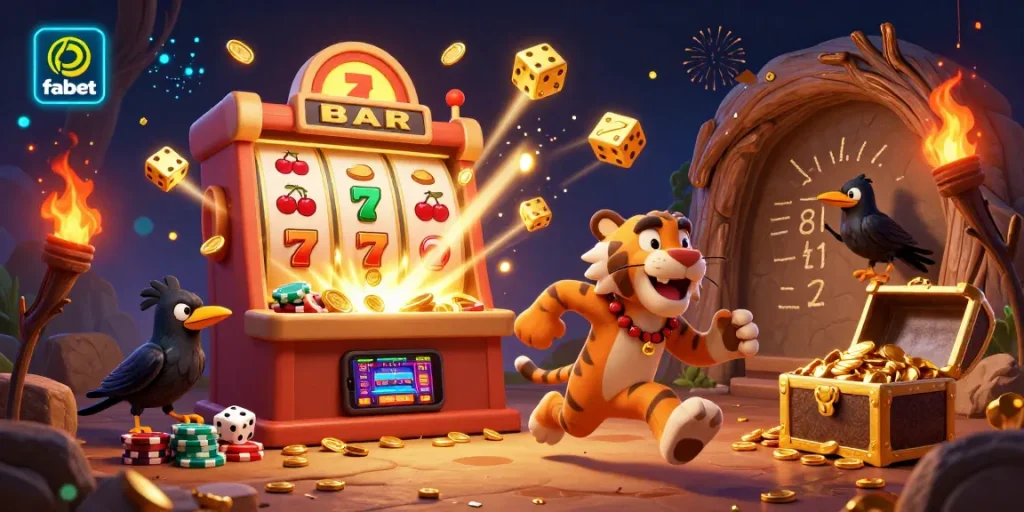 Engage with fabet's prehistoric casino featuring cavemen and vibrant gaming elements.
