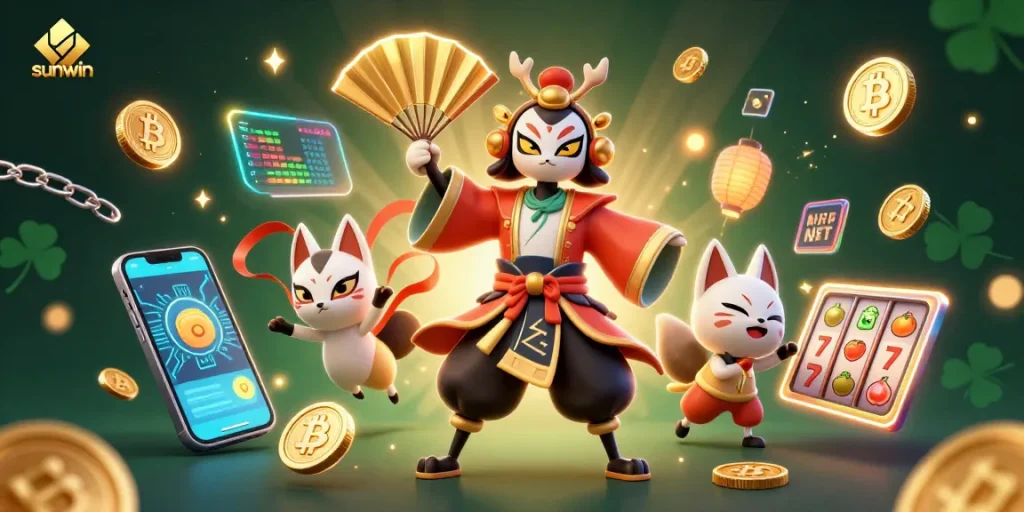 Engage in thrilling gaming adventures with sunwin's vibrant casino illustration featuring kabuki warriors.