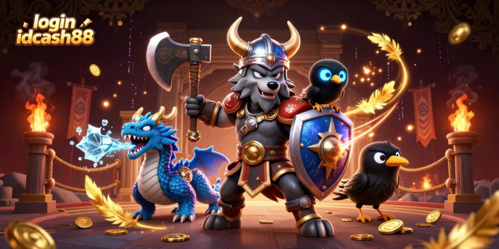Engage with thrilling adventures at login idcash88, showcasing a Viking wolf warrior and magical creatures in a gambling-themed illustration.