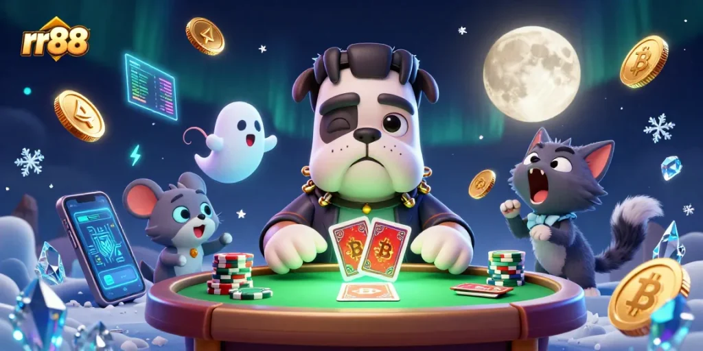 Engage with rr88's exciting casino games while experiencing a lively 3D scene full of animated characters and vibrant game elements.