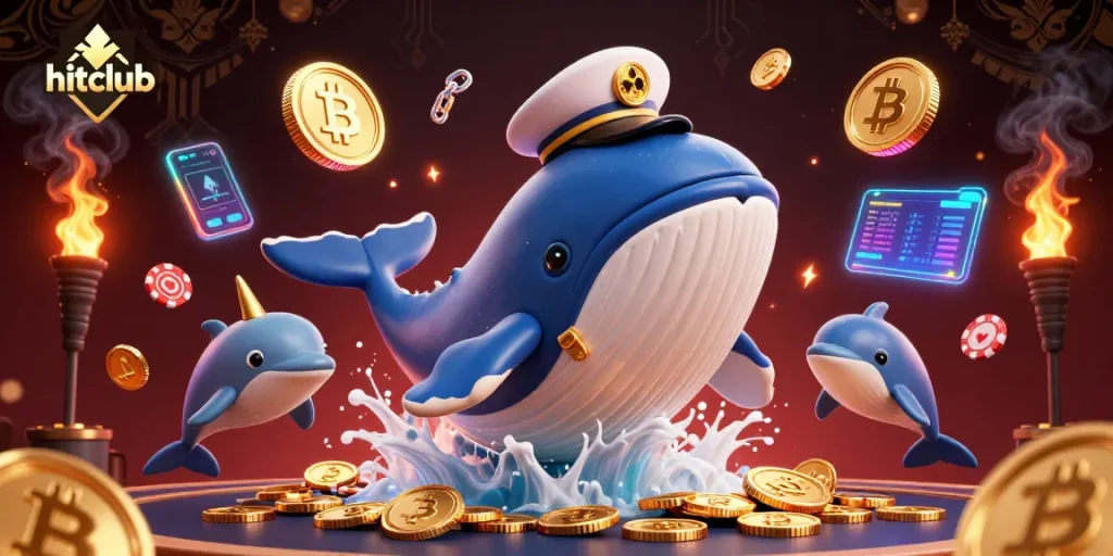 Experience the excitement at hitclub with a whale and dolphins among glowing casino treasures.