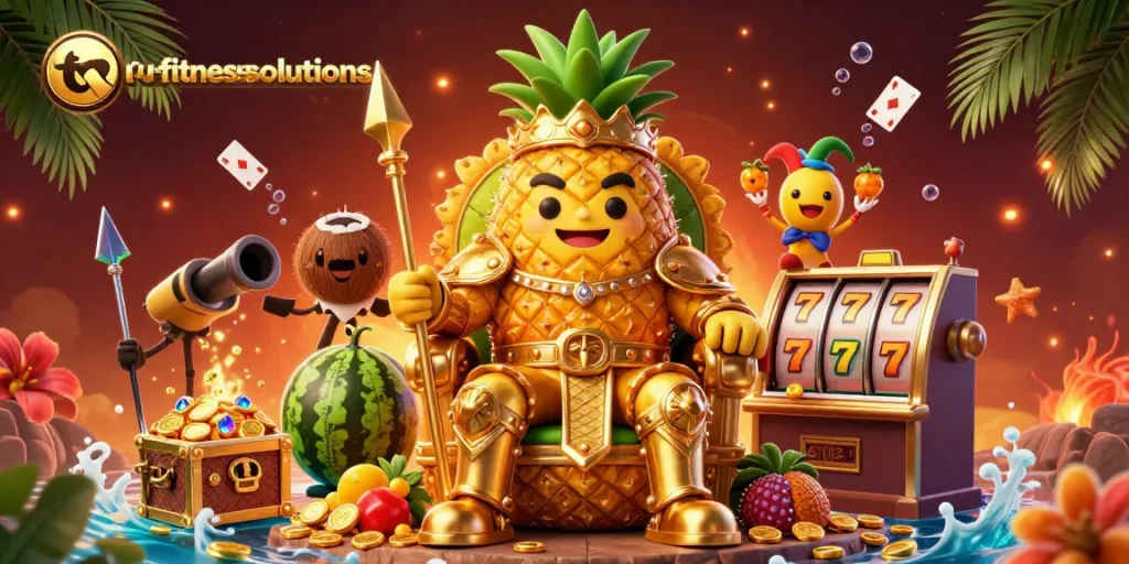 Experience the excitement of truefitnesssolutions with a vibrant casino-themed illustration featuring a golden pineapple king.