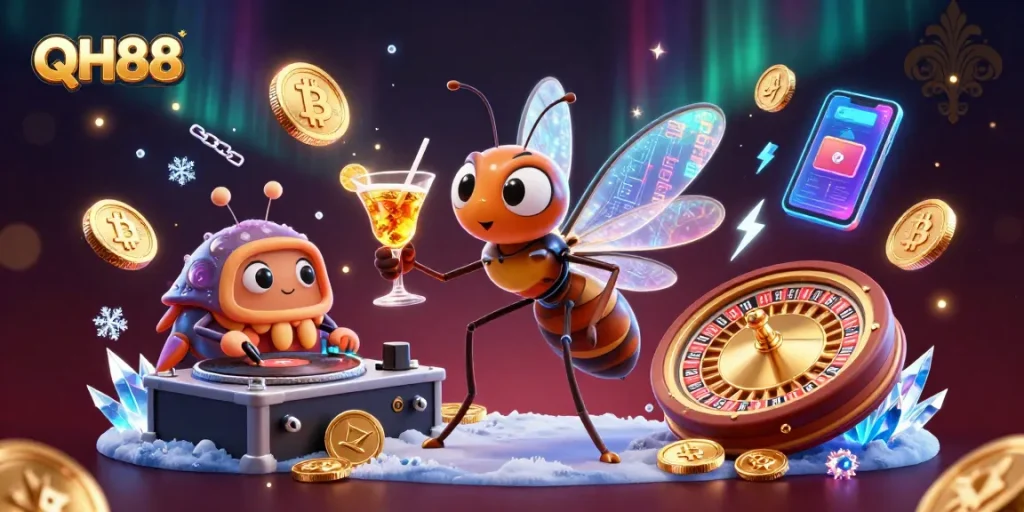 QH88 showcases a lively casino scene featuring animated characters, neon crypto coins, and dynamic gaming elements.