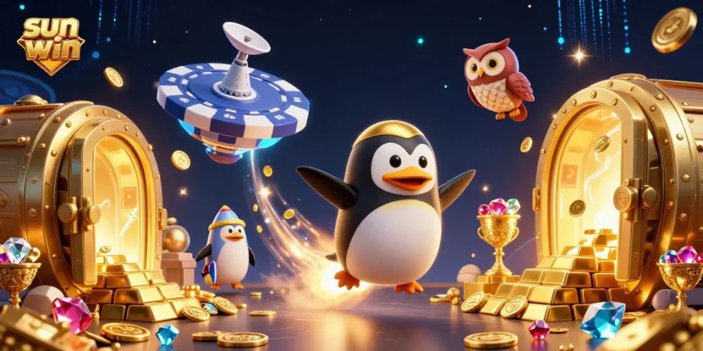 Win big with sun-win's dynamic casino adventure featuring a golden penguin in space.
